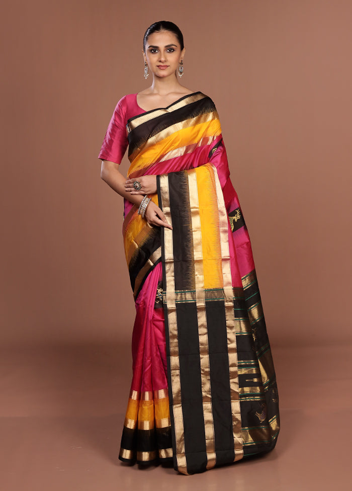 Pink Handloom Kanchipuram Pure Silk Saree With Blouse Piece