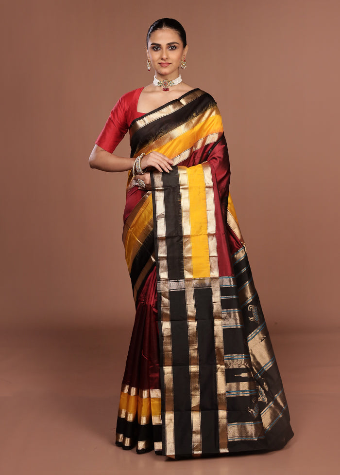 Maroon Handloom Kanchipuram Pure Silk Saree With Blouse Piece