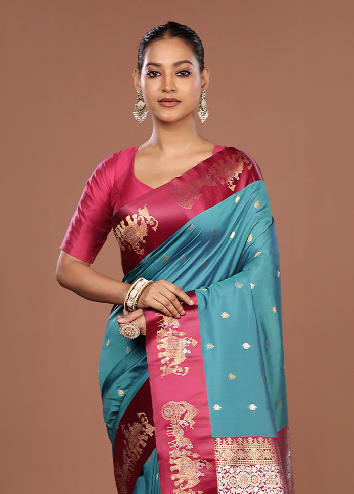 Blue Dupion Silk Saree With Blouse Piece