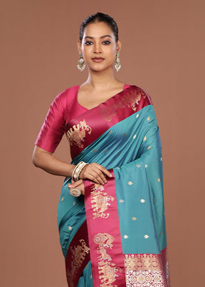 Blue Dupion Silk Saree With Blouse Piece