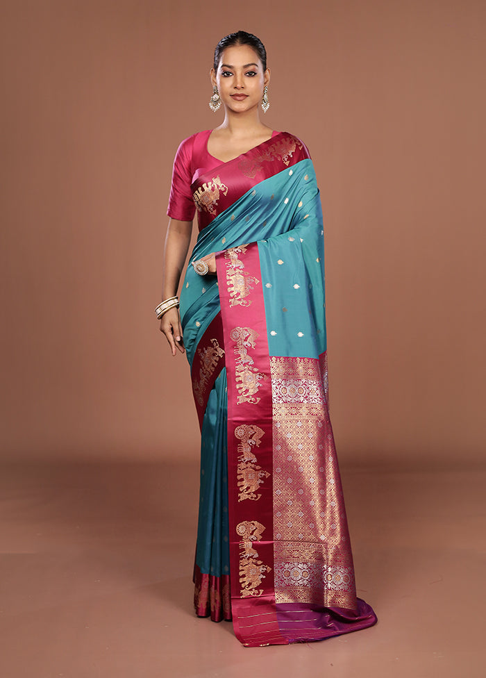 Blue Dupion Silk Saree With Blouse Piece