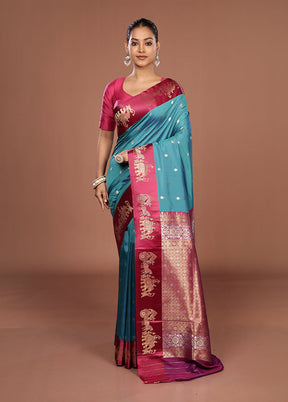 Blue Dupion Silk Saree With Blouse Piece