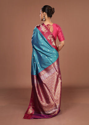 Blue Dupion Silk Saree With Blouse Piece