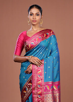 Blue Dupion Silk Saree With Blouse Piece