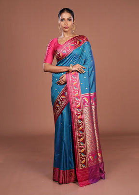 Blue Dupion Silk Saree With Blouse Piece