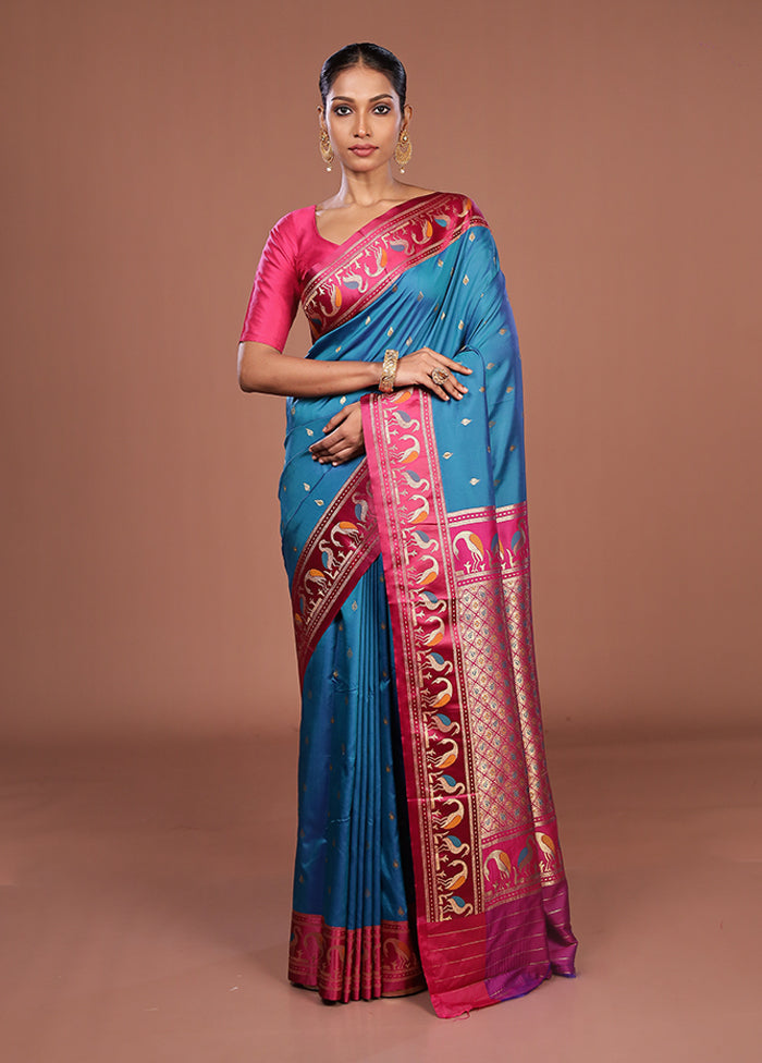 Blue Dupion Silk Saree With Blouse Piece