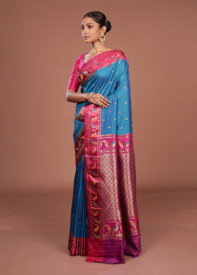 Blue Dupion Silk Saree With Blouse Piece