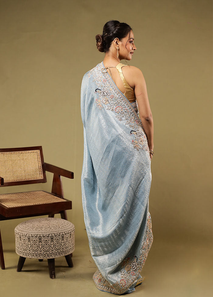 Blue Handloom Dupion Pure Silk Saree With Blouse Piece