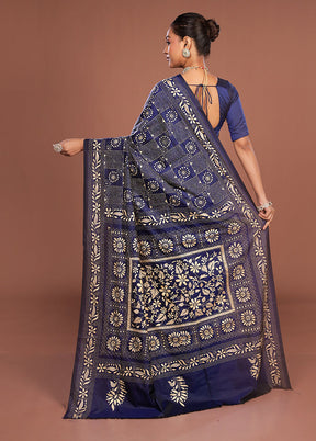 Blue Kantha Stitch Silk Saree With Blouse Piece