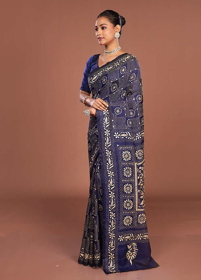 Blue Kantha Stitch Silk Saree With Blouse Piece