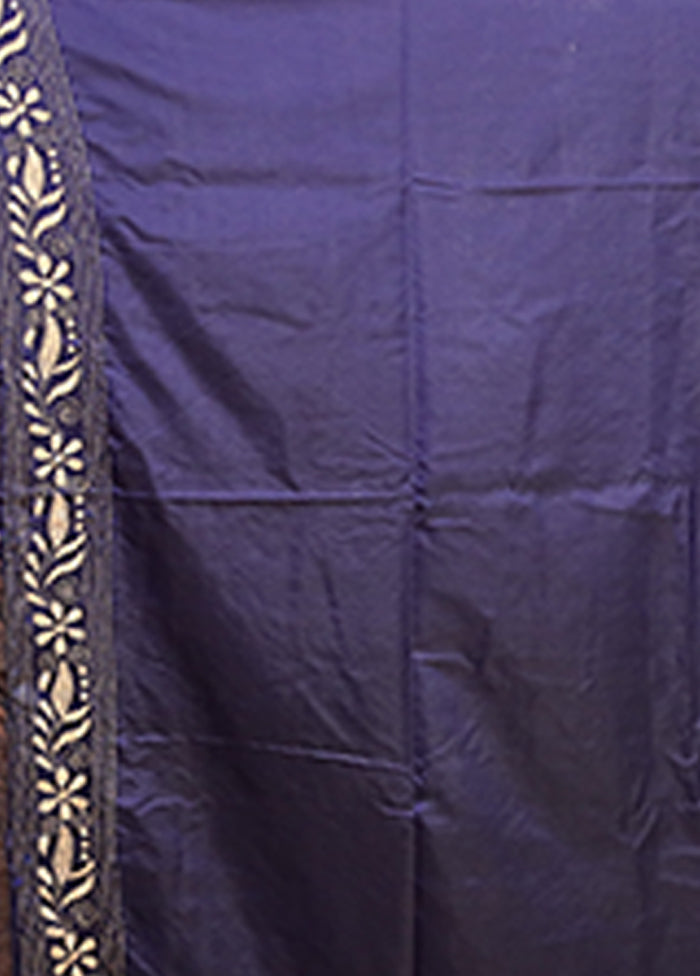 Blue Kantha Stitch Silk Saree With Blouse Piece