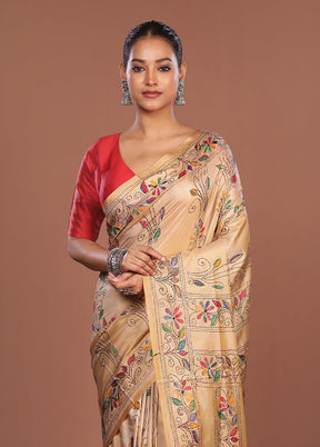 Cream Kantha Stitch Silk Saree With Blouse Piece