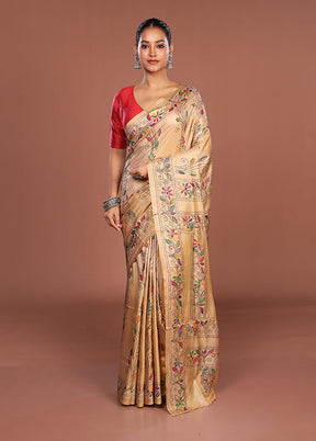 Cream Kantha Stitch Silk Saree With Blouse Piece