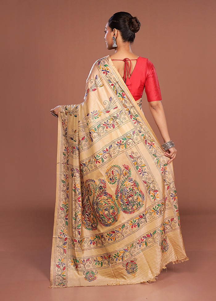 Cream Kantha Stitch Silk Saree With Blouse Piece