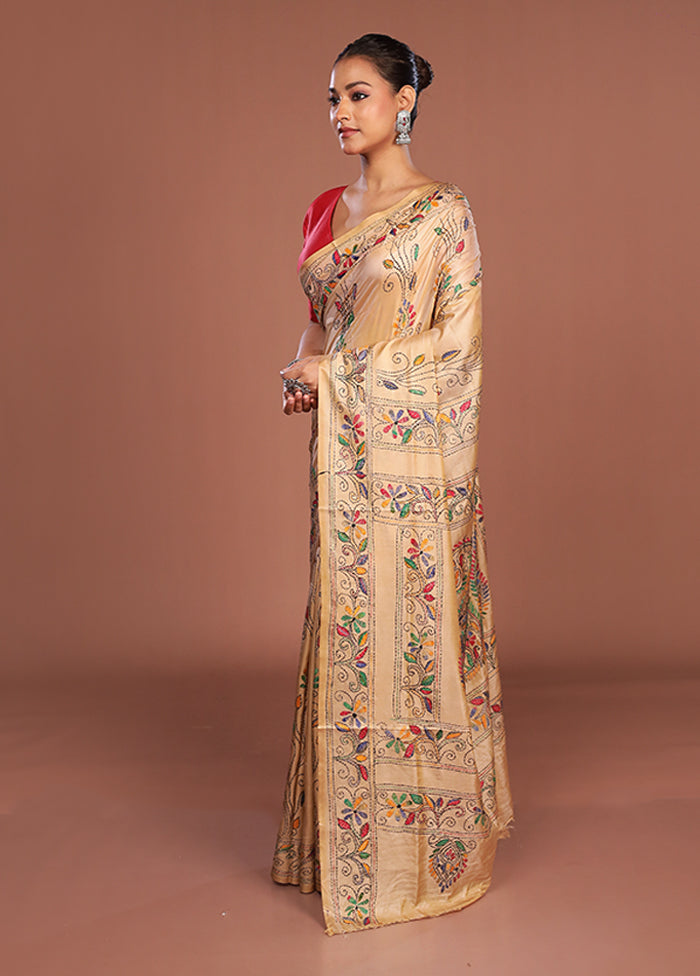 Cream Kantha Stitch Silk Saree With Blouse Piece