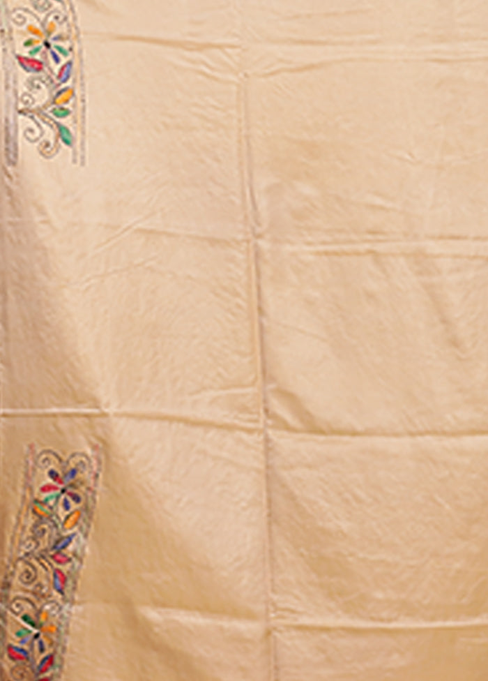 Cream Kantha Stitch Silk Saree With Blouse Piece