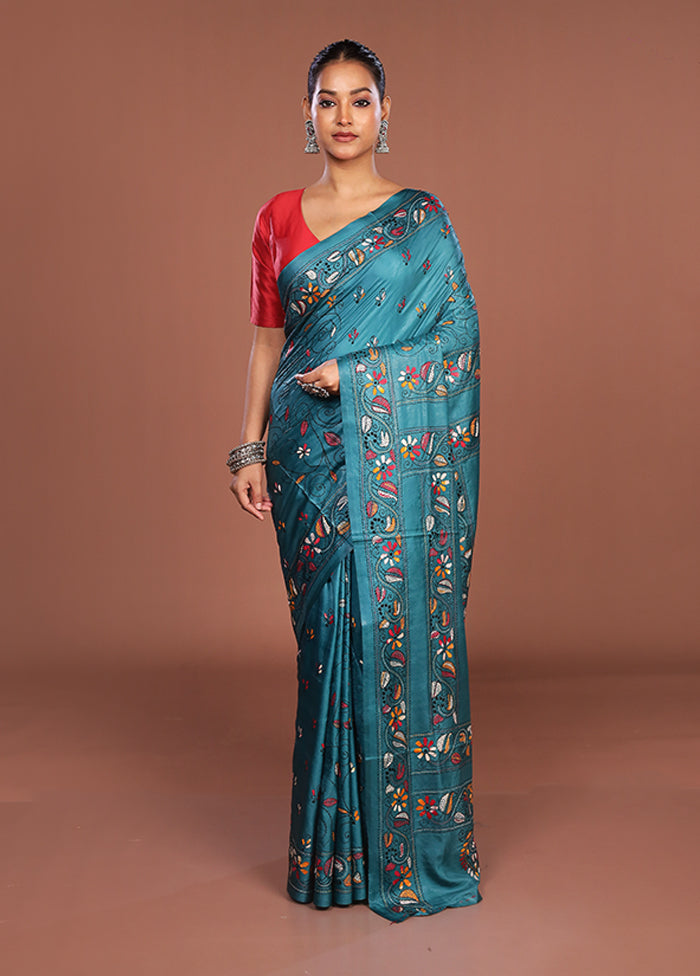 Green Kantha Stitch Silk Saree With Blouse Piece
