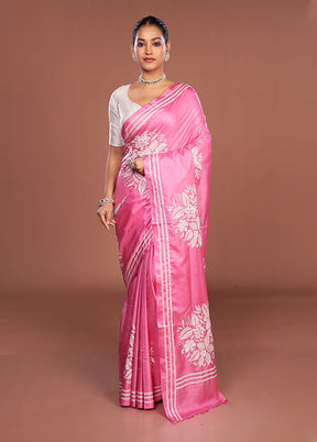 Pink Kantha Stitch Silk Saree With Blouse Piece