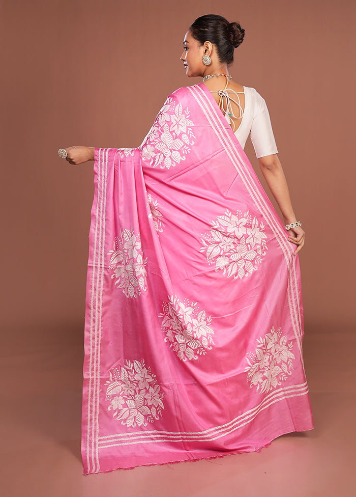 Pink Kantha Stitch Silk Saree With Blouse Piece