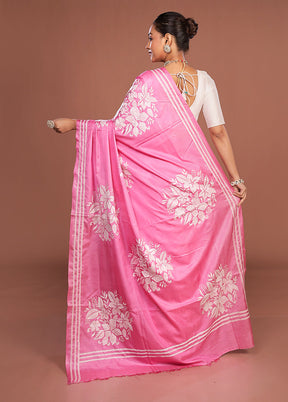 Pink Kantha Stitch Silk Saree With Blouse Piece