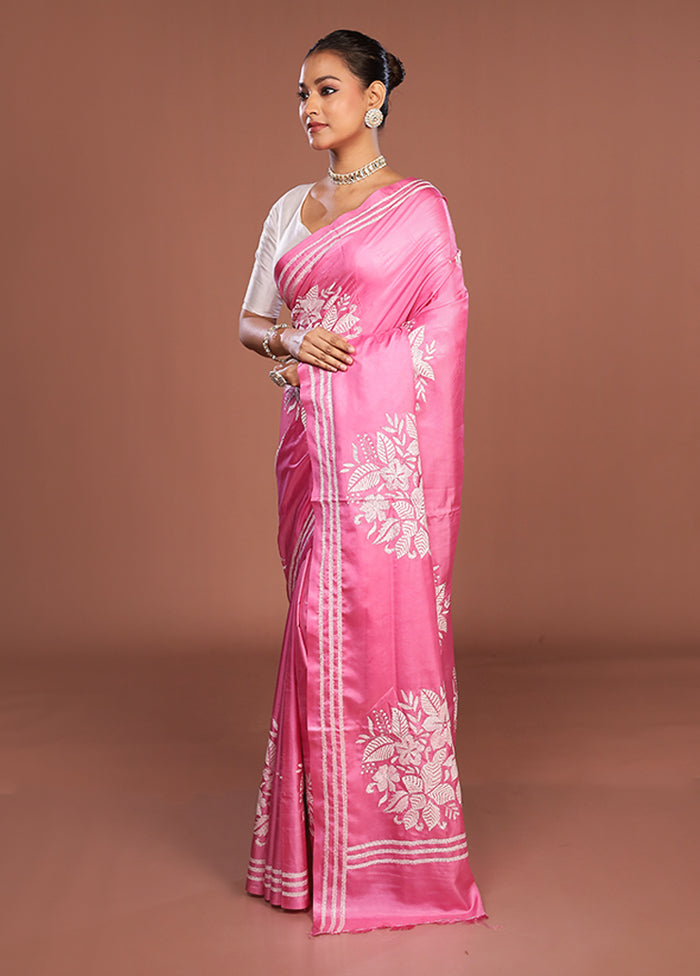 Pink Kantha Stitch Silk Saree With Blouse Piece