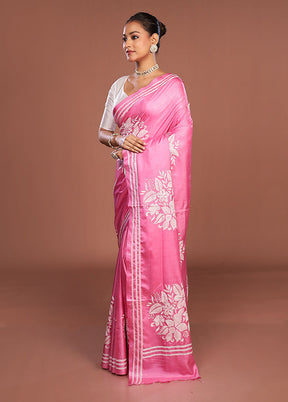 Pink Kantha Stitch Silk Saree With Blouse Piece