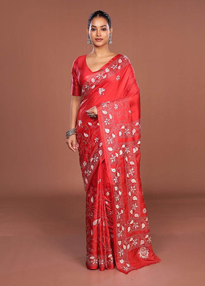 Red Kantha Stitch Silk Saree With Blouse Piece