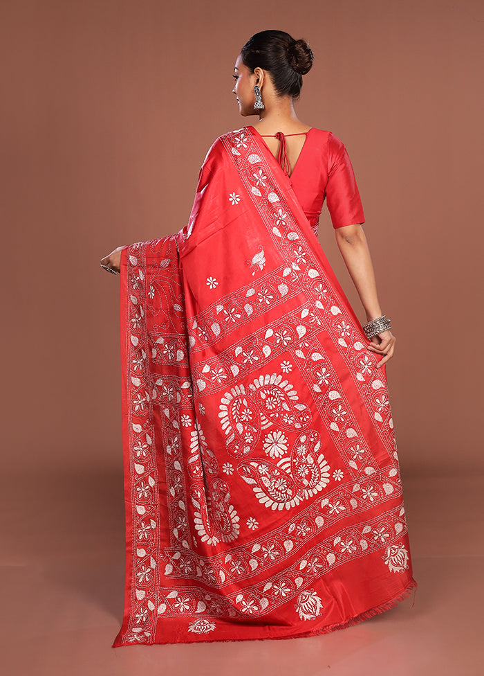 Red Kantha Stitch Silk Saree With Blouse Piece