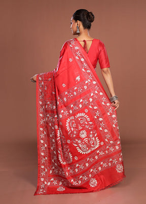 Red Kantha Stitch Silk Saree With Blouse Piece
