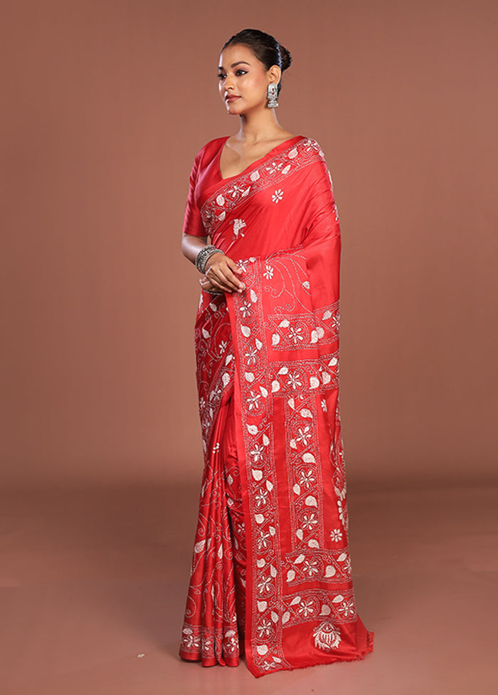 Red Kantha Stitch Silk Saree With Blouse Piece