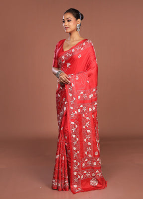 Red Kantha Stitch Silk Saree With Blouse Piece