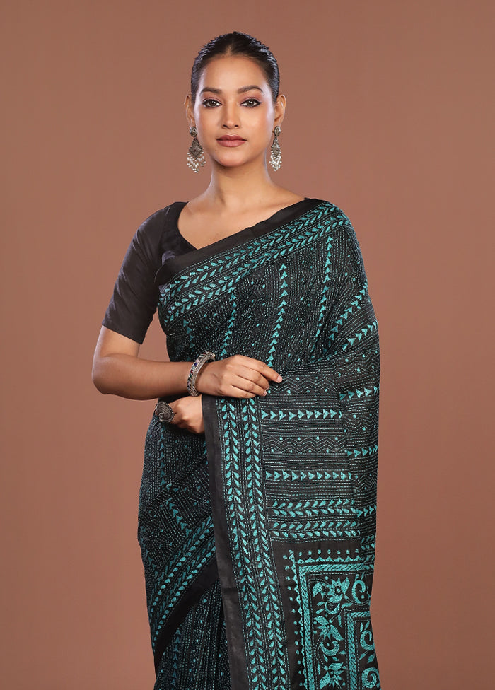 Black Kantha Stitch Silk Saree With Blouse Piece