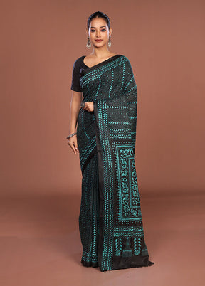 Black Kantha Stitch Silk Saree With Blouse Piece