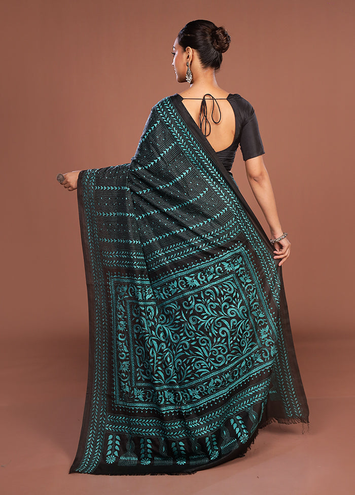 Black Kantha Stitch Silk Saree With Blouse Piece