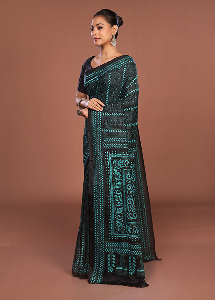 Black Kantha Stitch Silk Saree With Blouse Piece