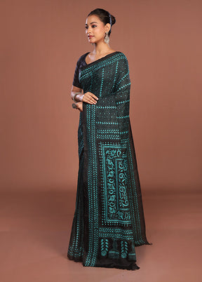 Black Kantha Stitch Silk Saree With Blouse Piece
