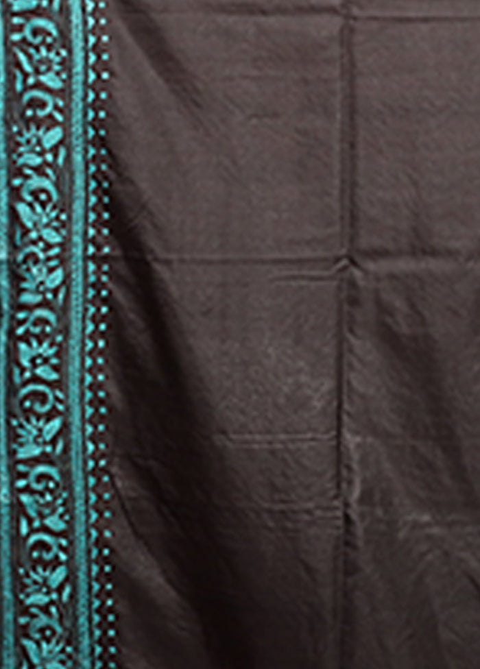 Black Kantha Stitch Silk Saree With Blouse Piece