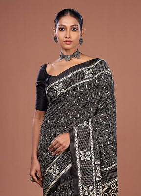 Black Kantha Stitch Silk Saree With Blouse Piece