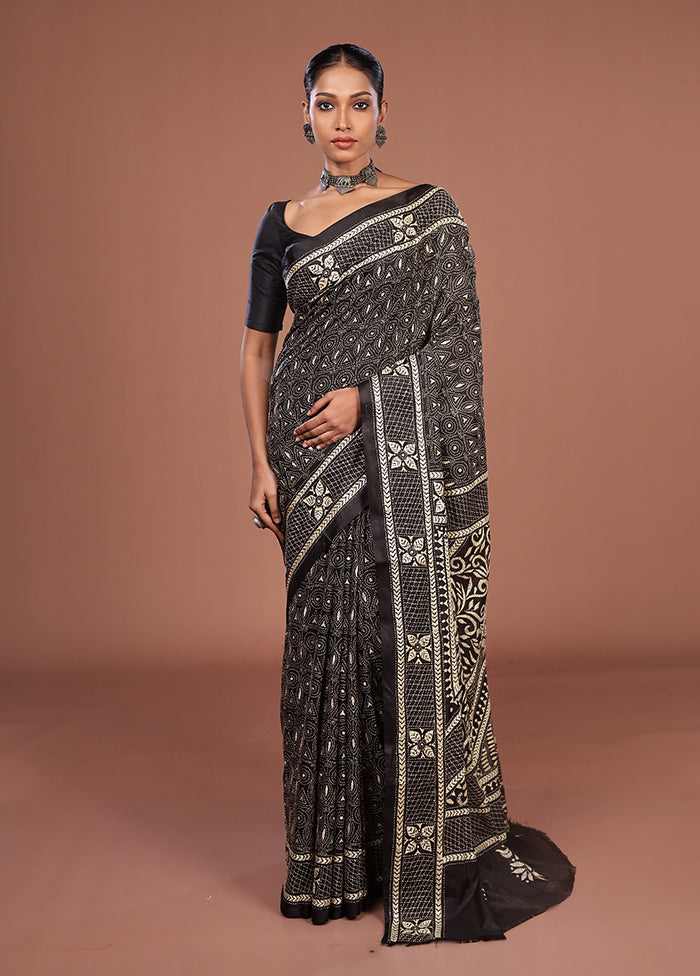 Black Kantha Stitch Silk Saree With Blouse Piece