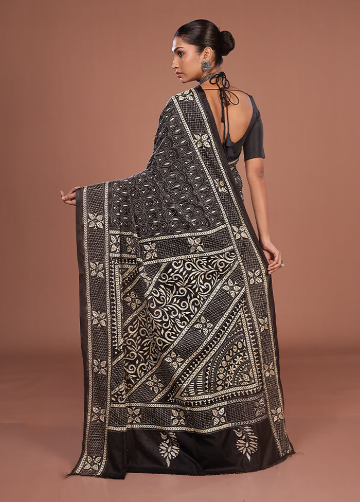 Black Kantha Stitch Silk Saree With Blouse Piece