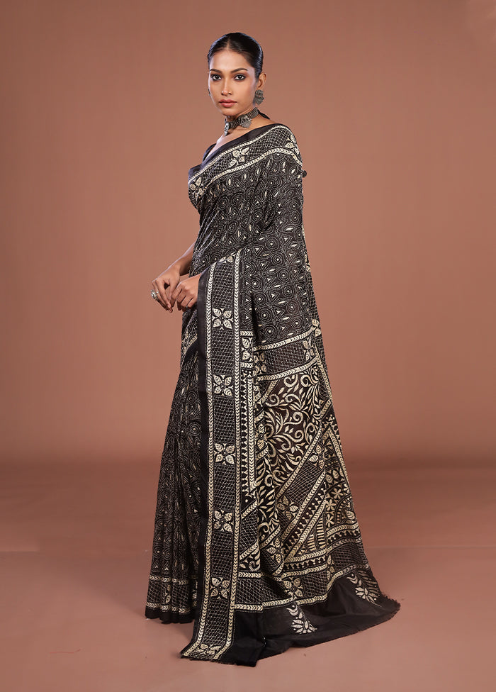 Black Kantha Stitch Silk Saree With Blouse Piece