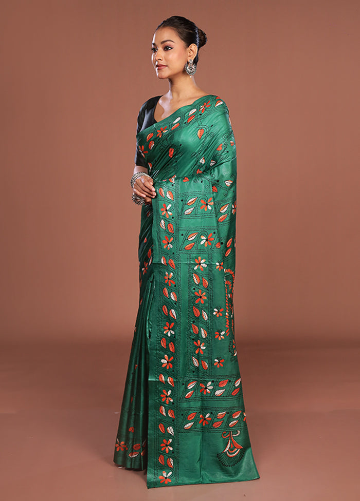 Green Kantha Stitch Silk Saree With Blouse Piece