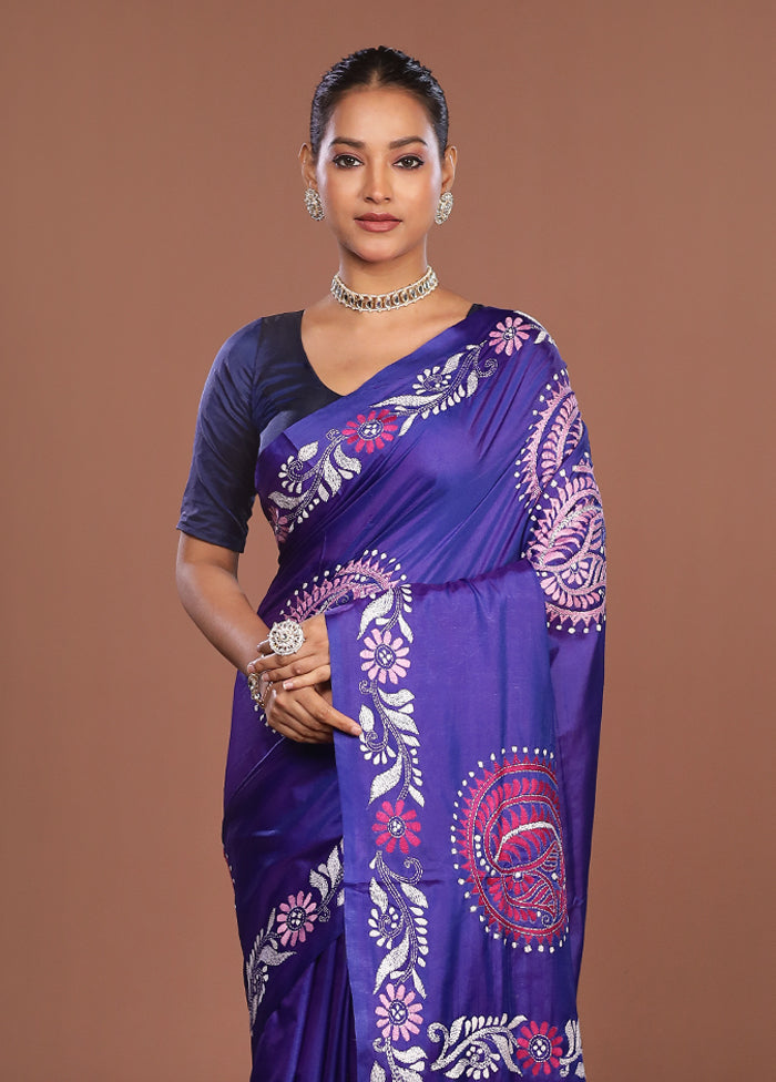 Blue Kantha Stitch Silk Saree With Blouse Piece