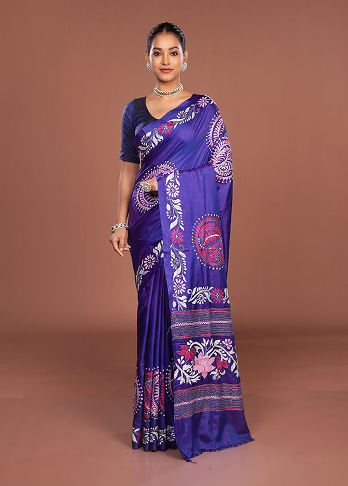 Blue Kantha Stitch Silk Saree With Blouse Piece