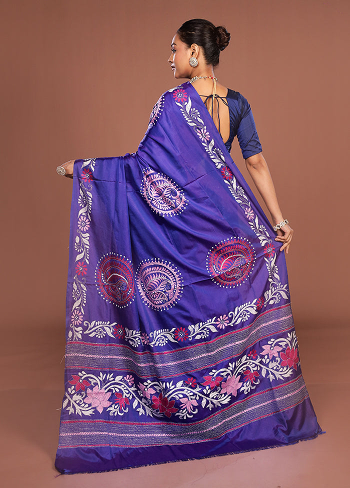 Blue Kantha Stitch Silk Saree With Blouse Piece