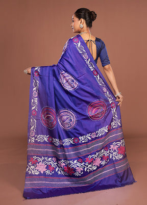 Blue Kantha Stitch Silk Saree With Blouse Piece