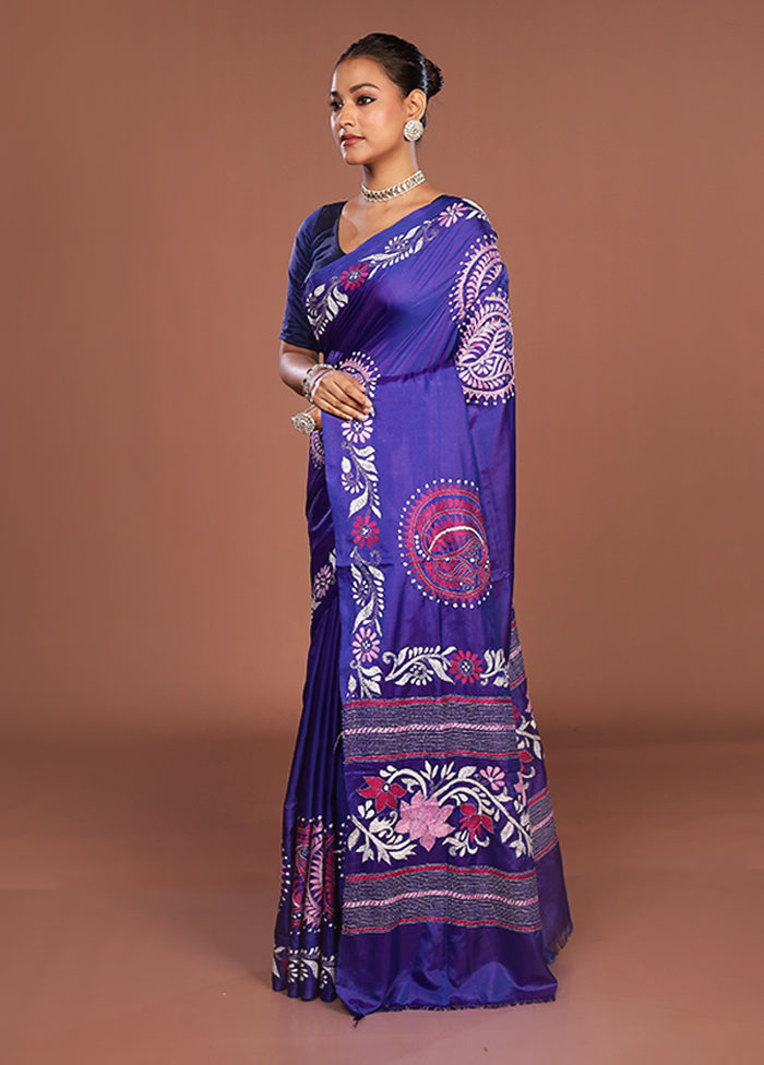 Blue Kantha Stitch Silk Saree With Blouse Piece