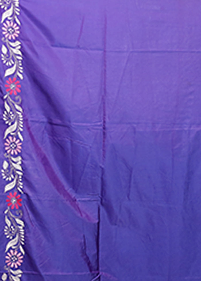 Blue Kantha Stitch Silk Saree With Blouse Piece