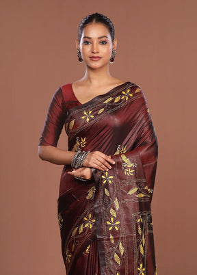 Maroon Kantha Stitch Silk Saree With Blouse Piece