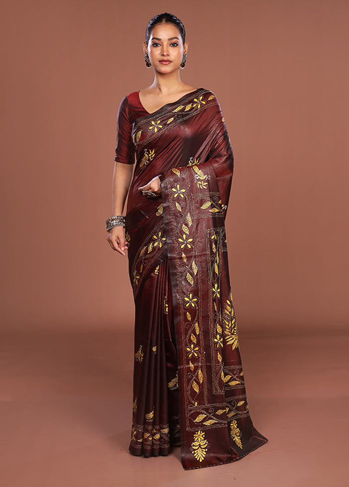 Maroon Kantha Stitch Silk Saree With Blouse Piece